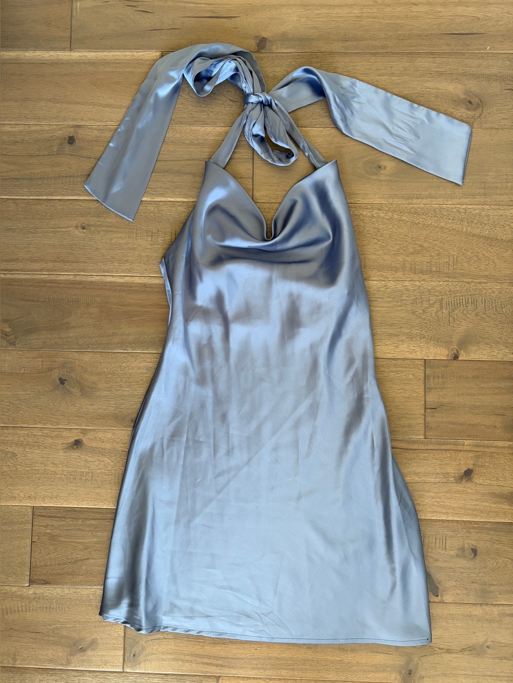 Cantonwalker Light Blue Periwinkle Satin Cowl-Neck Halter Mini Dress Small